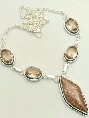 Goldstone, Morganite Gemstone (25 Gms) 925 Sterling Silver Pendant Necklace